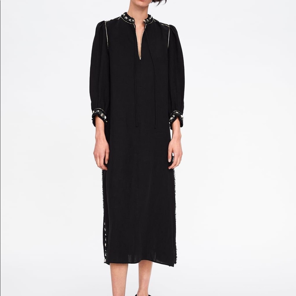 Zara black linen maxi dress with seashell details